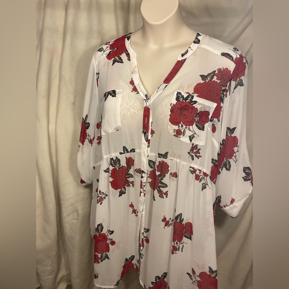 Torrid size 4 semi sheer, baby doll style, hi/low button in front blouse.